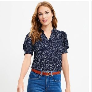LOFT Floral Stitchy Ruffle Puff Sleeve Top
